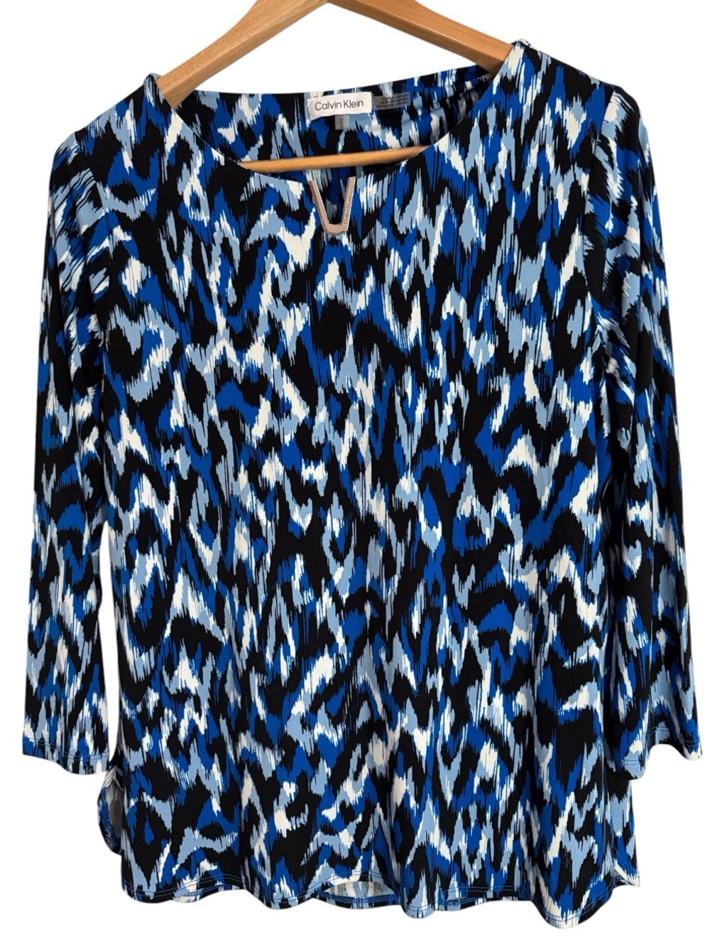 Calvin Klein Crew Neck Ikat Print Black-Blue Popover Blouse Top size M
